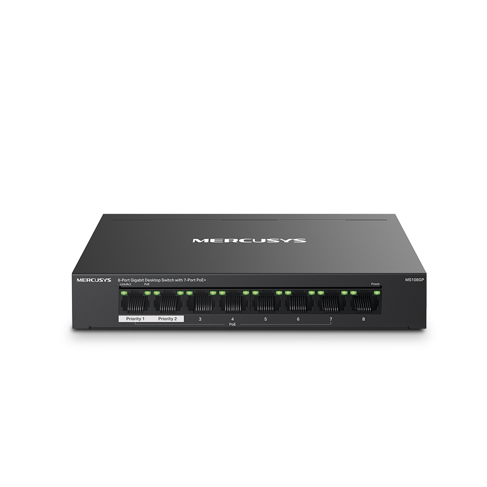 Mercusys MS108GP 7-Port PoE+ ile 8-Port Gigabit Masaüstü Switch -Siyah